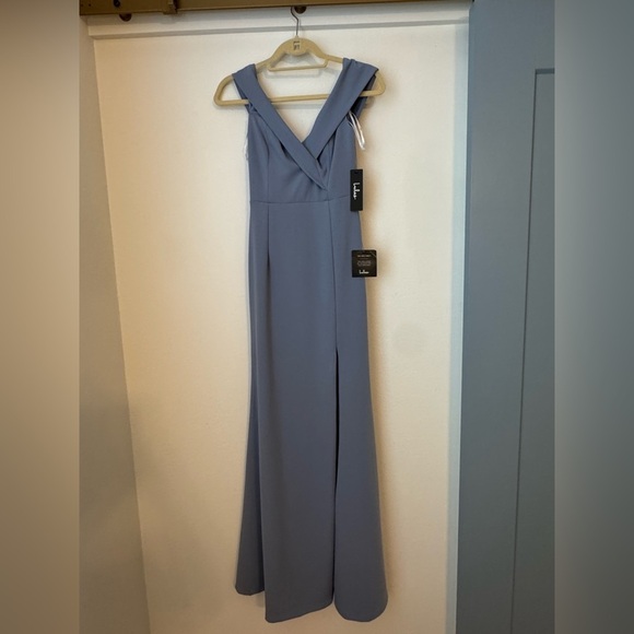 NWT Lulus Blue Grey Off The Shoulder Maxi Dress Wedding Guest Dress Formal Dress - Picture 3 of 12